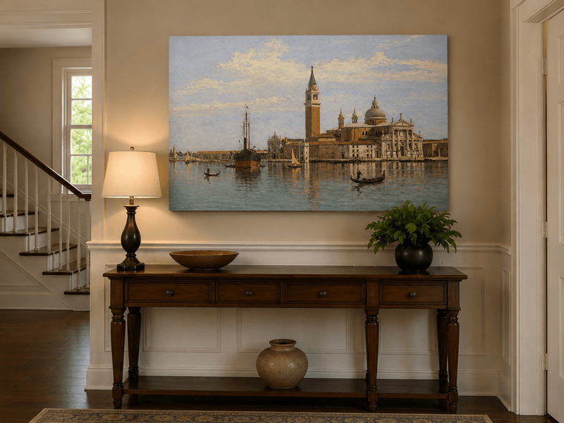 Landscape Oil Painting - Venice Basilica, Gondolas and Harbor