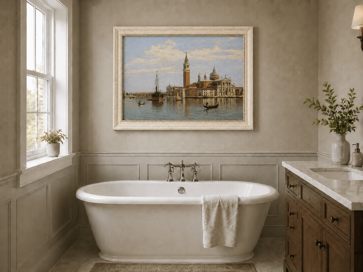 Landscape Oil Painting - Venice Basilica, Gondolas and Harbor