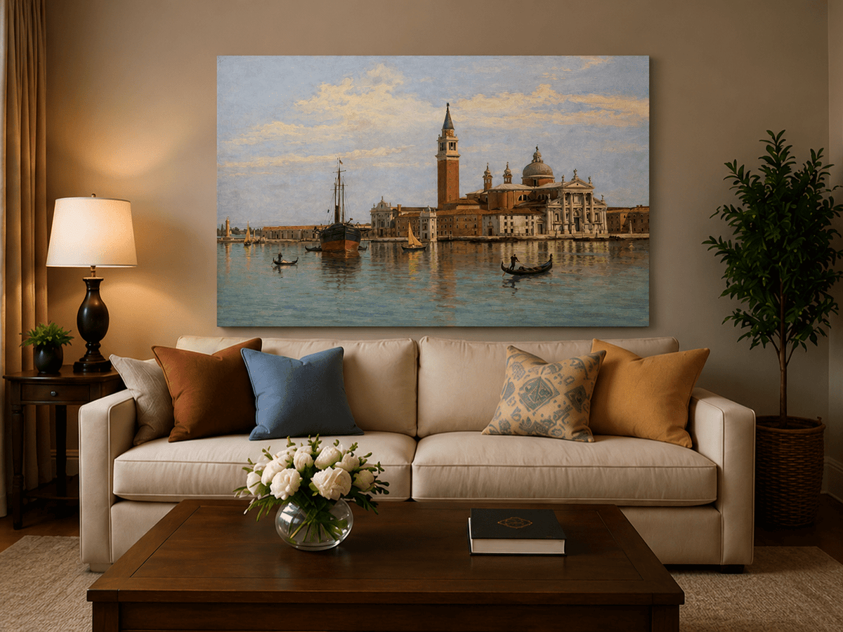 Landscape Oil Painting - Venice Basilica, Gondolas and Harbor