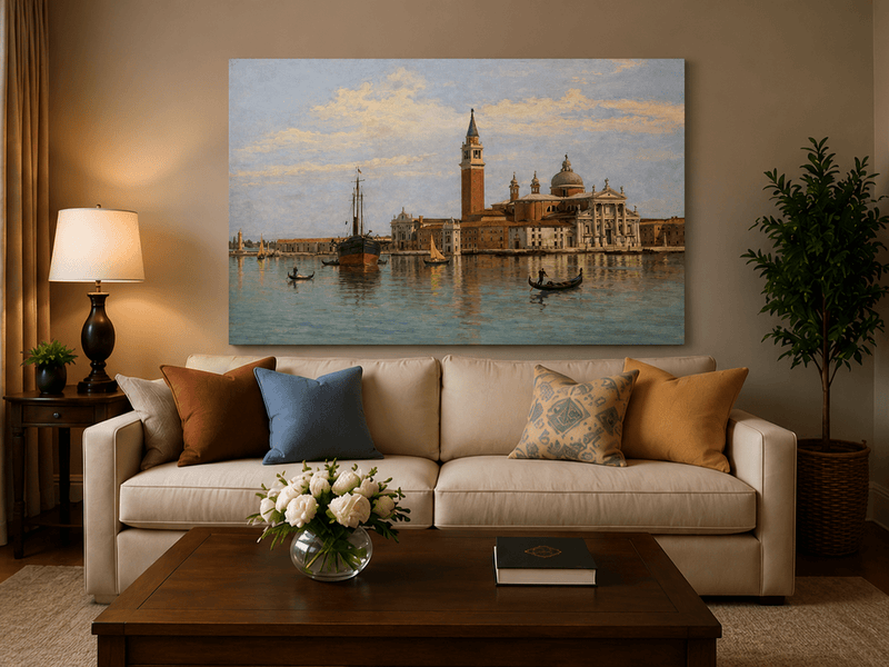 Landscape Oil Painting - Venice Basilica, Gondolas and Harbor