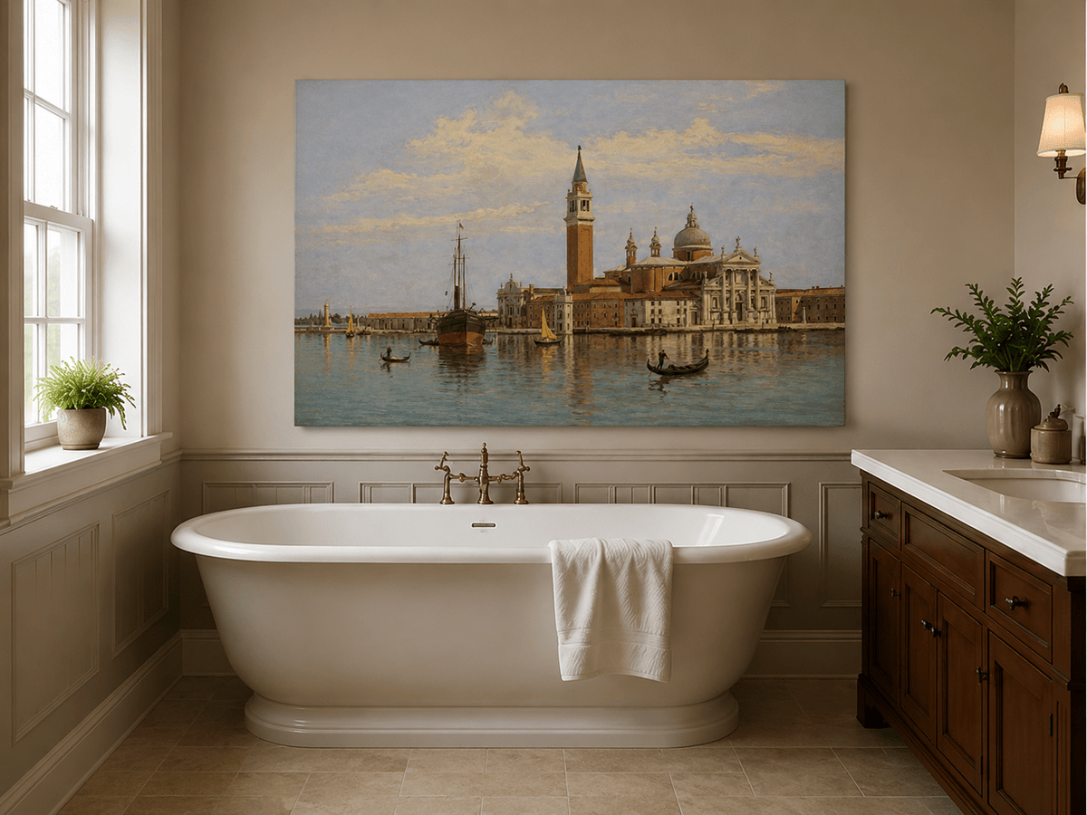 Landscape Oil Painting - Venice Basilica, Gondolas and Harbor