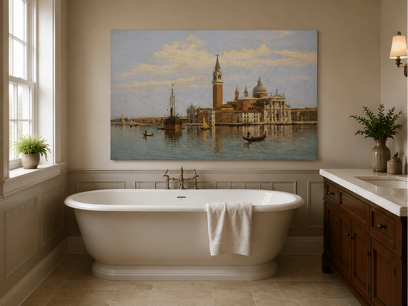 Landscape Oil Painting - Venice Basilica, Gondolas and Harbor