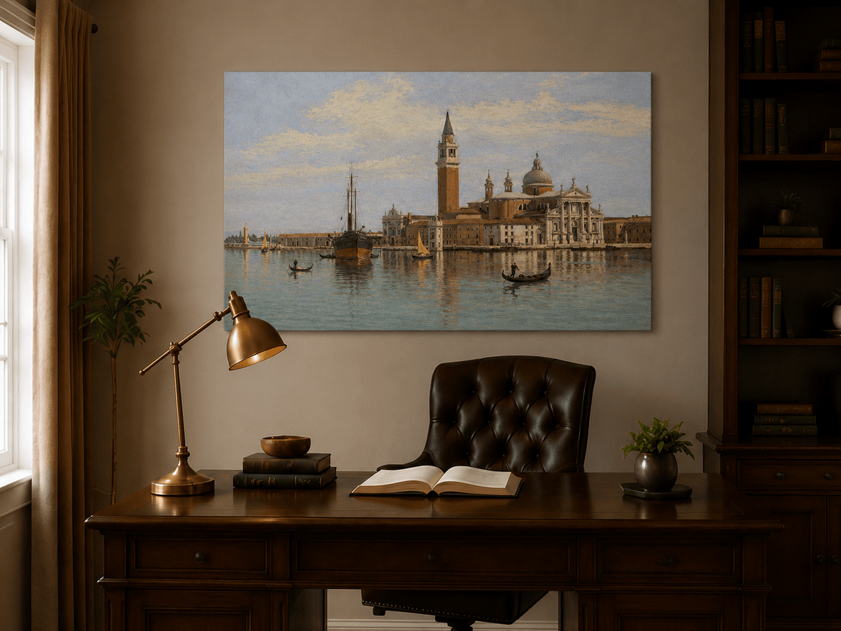 Landscape Oil Painting - Venice Basilica, Gondolas and Harbor