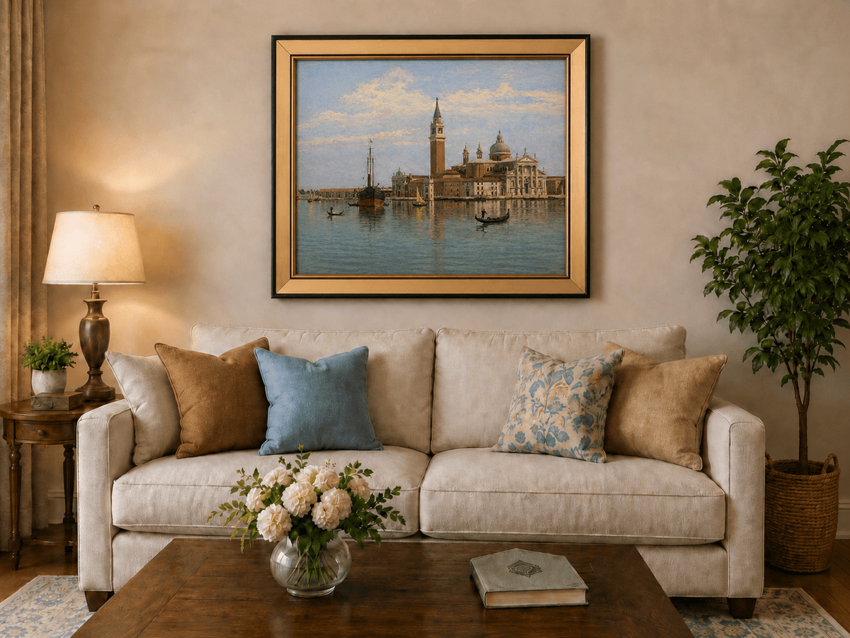 Landscape Oil Painting - Venice Basilica, Gondolas and Harbor