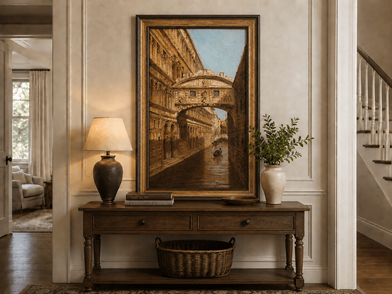 Peinture à l'huile de paysage - Rivière printanière avec pêcheur et arbres