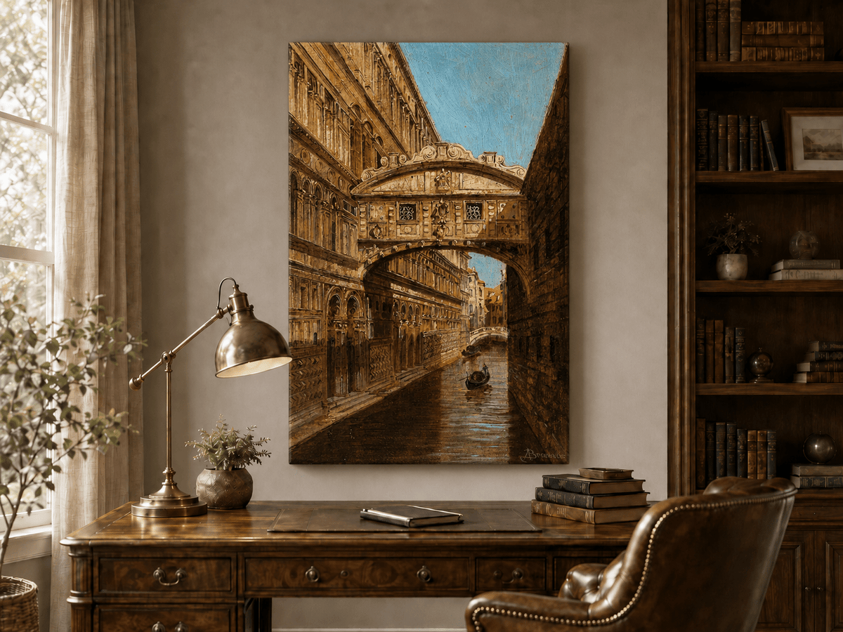 Peinture à l'huile de paysage - Rivière printanière avec pêcheur et arbres