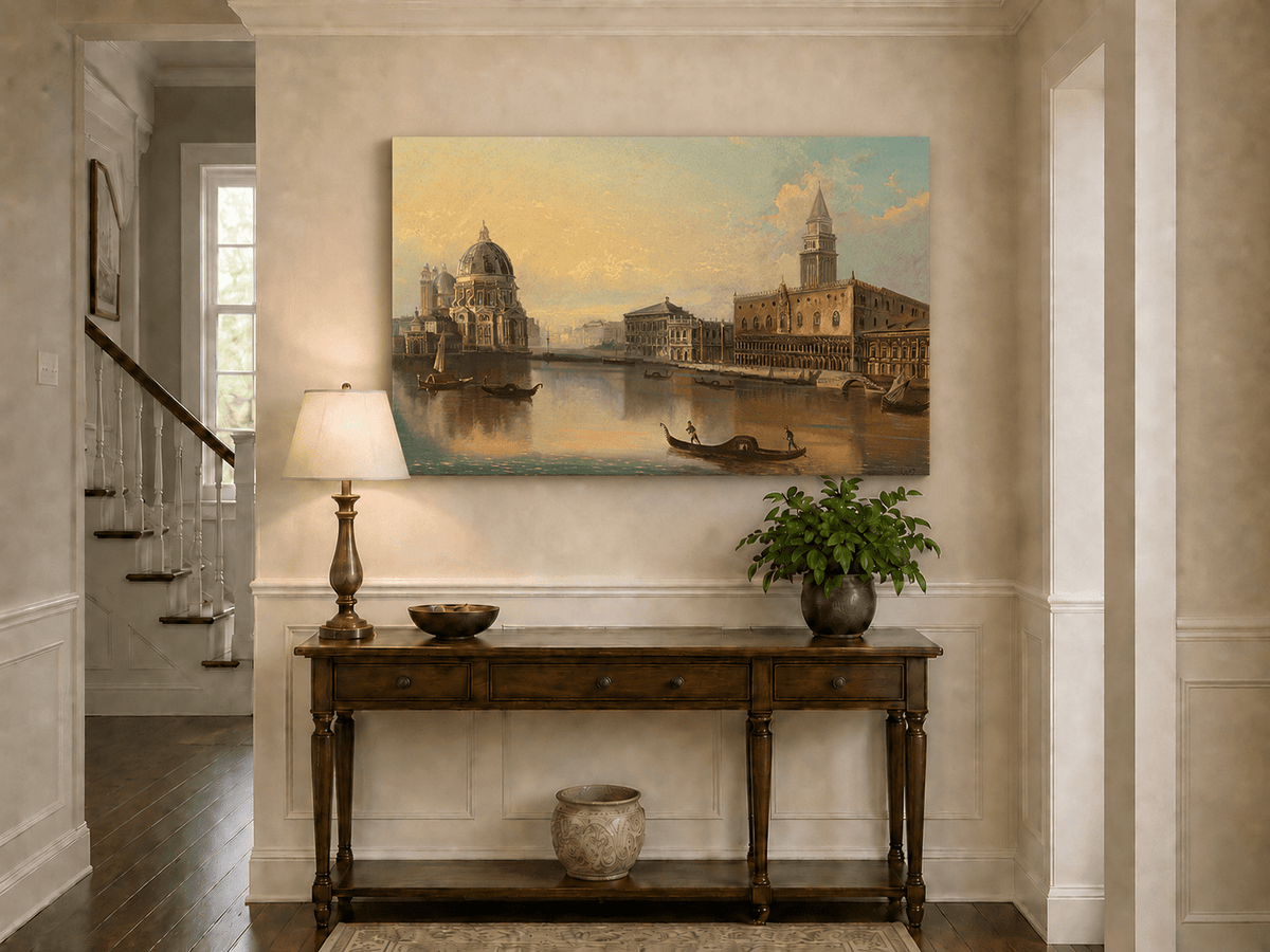 Landscape Oil Painting - Venice Canal, Basilica & Historic