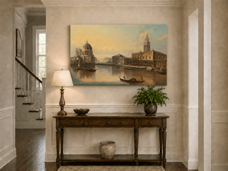 Landscape Oil Painting - Venice Canal, Basilica & Historic