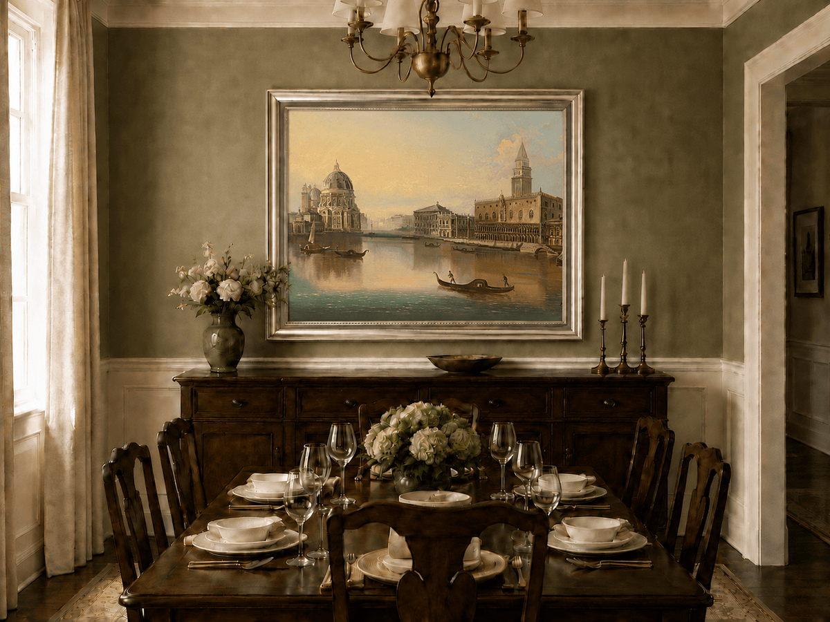 Landscape Oil Painting - Venice Canal, Basilica & Historic