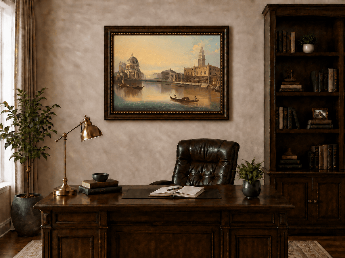 Landscape Oil Painting - Venice Canal, Basilica & Historic
