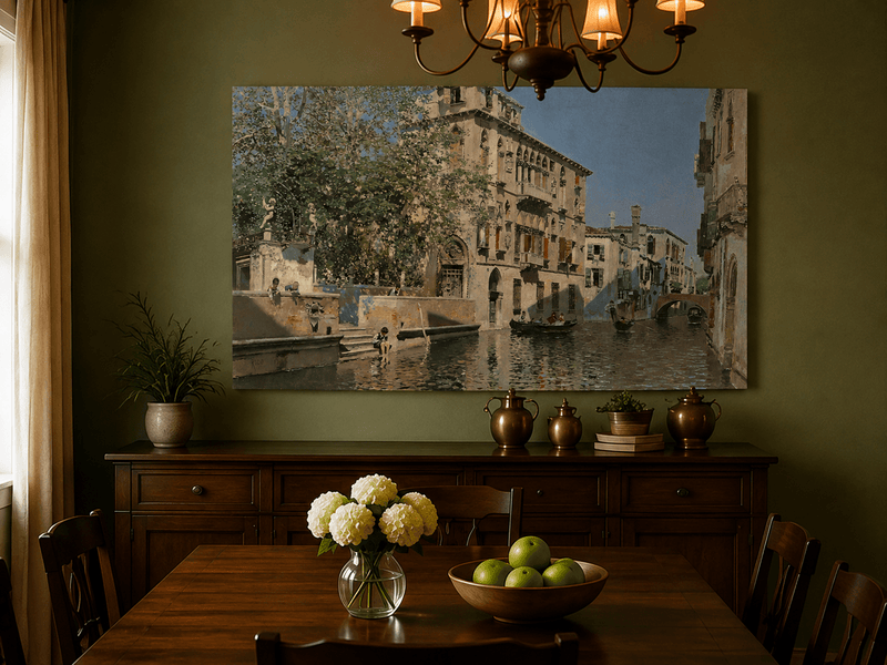 Landscape Oil Painting - Venice Canal Gondolas & Historic