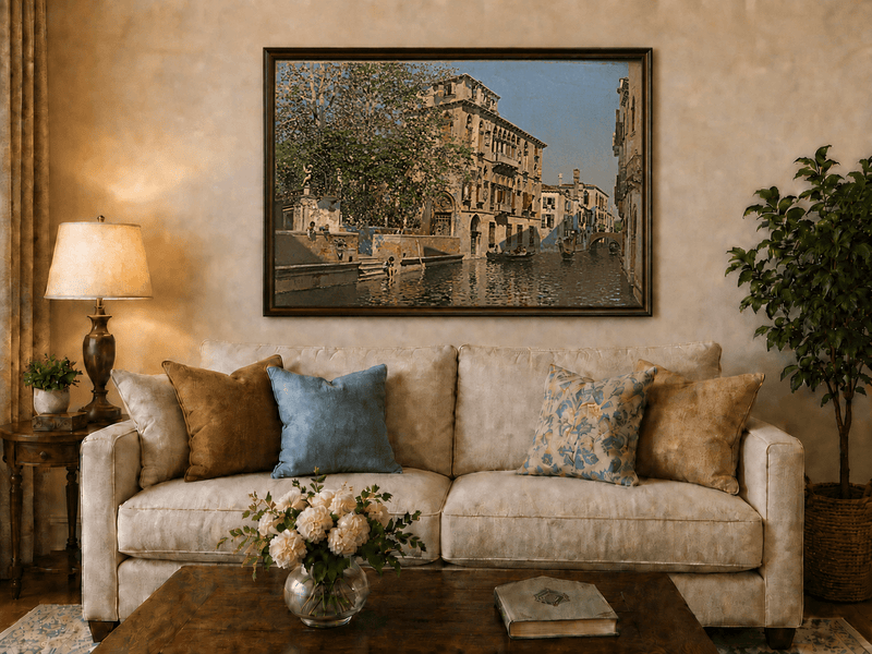 Landscape Oil Painting - Venice Canal Gondolas & Historic