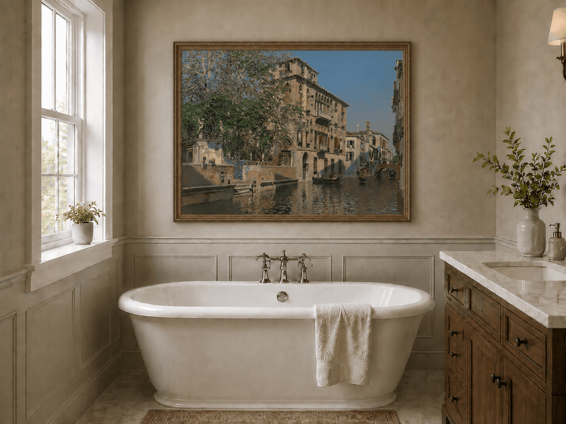 Landscape Oil Painting - Venice Canal Gondolas & Historic