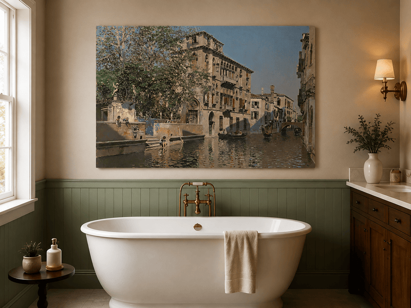 Landscape Oil Painting - Venice Canal Gondolas & Historic