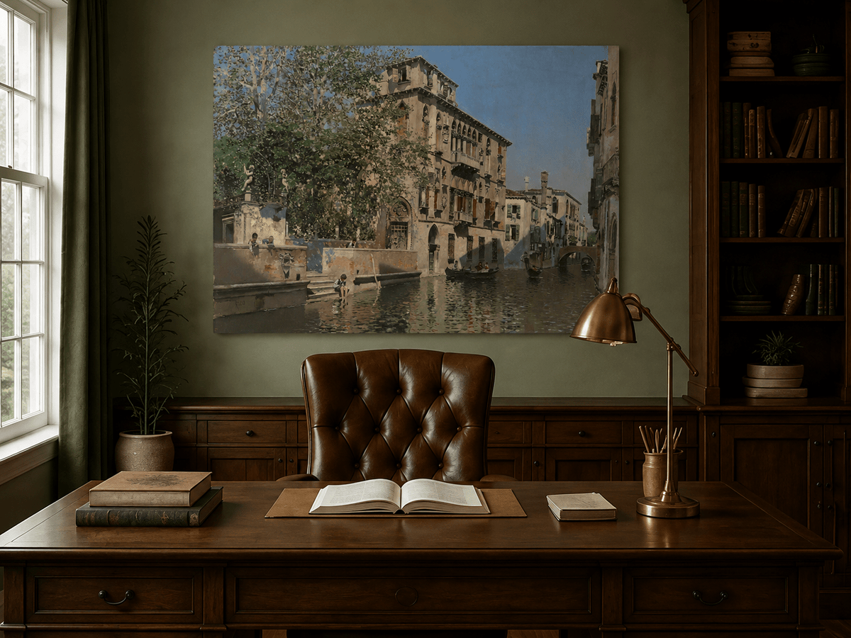 Landscape Oil Painting - Venice Canal Gondolas & Historic