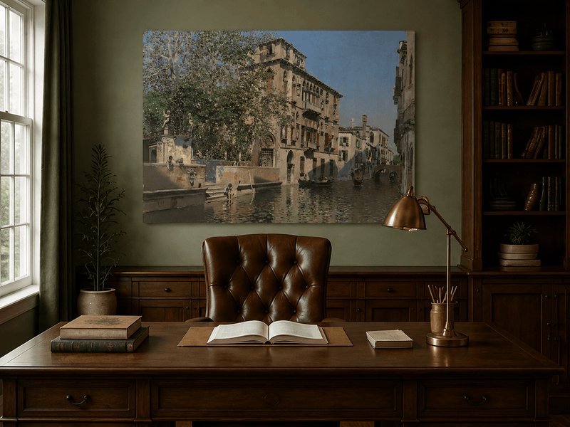 Landscape Oil Painting - Venice Canal Gondolas & Historic