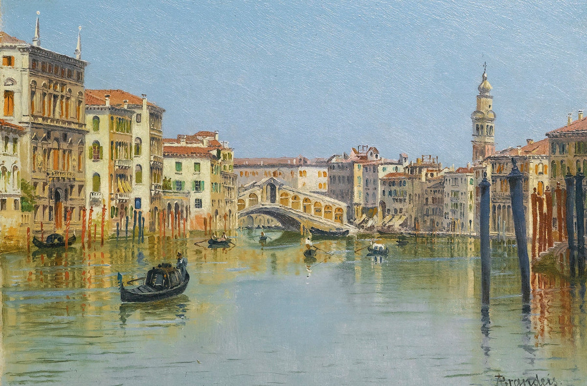 Hand-painted venice canal, rialto bridge and boats landscape oil painting on canvas