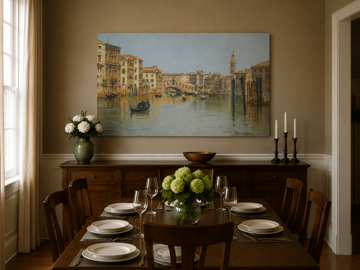 Landscape Oil Painting - Venice Canal, Rialto Bridge and Boats