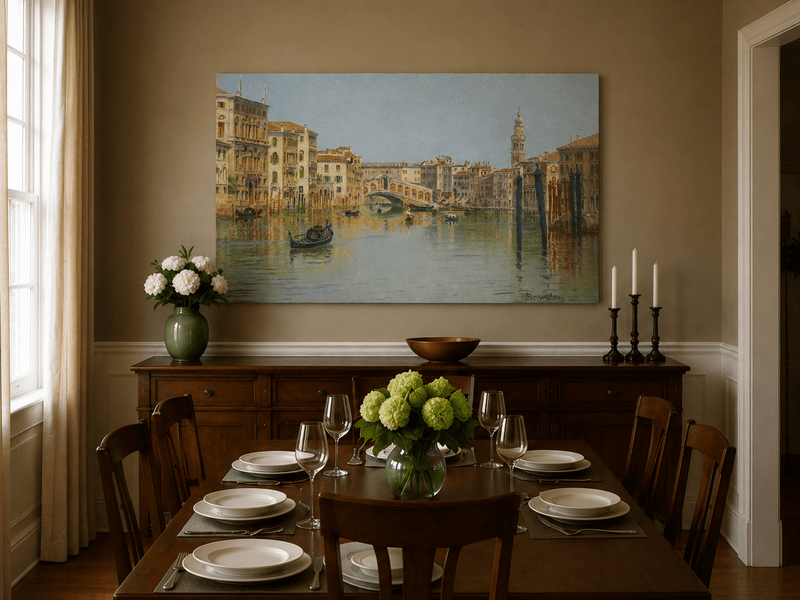 Landscape Oil Painting - Venice Canal, Rialto Bridge and Boats