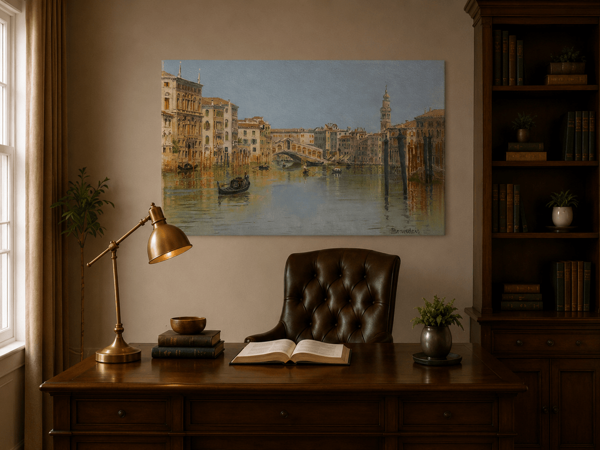 Landscape Oil Painting - Venice Canal, Rialto Bridge and Boats