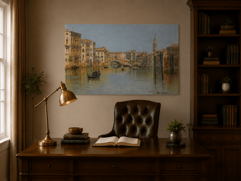 Landscape Oil Painting - Venice Canal, Rialto Bridge and Boats