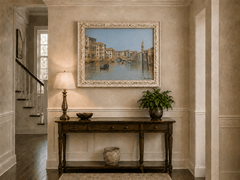 Landscape Oil Painting - Venice Canal, Rialto Bridge and Boats