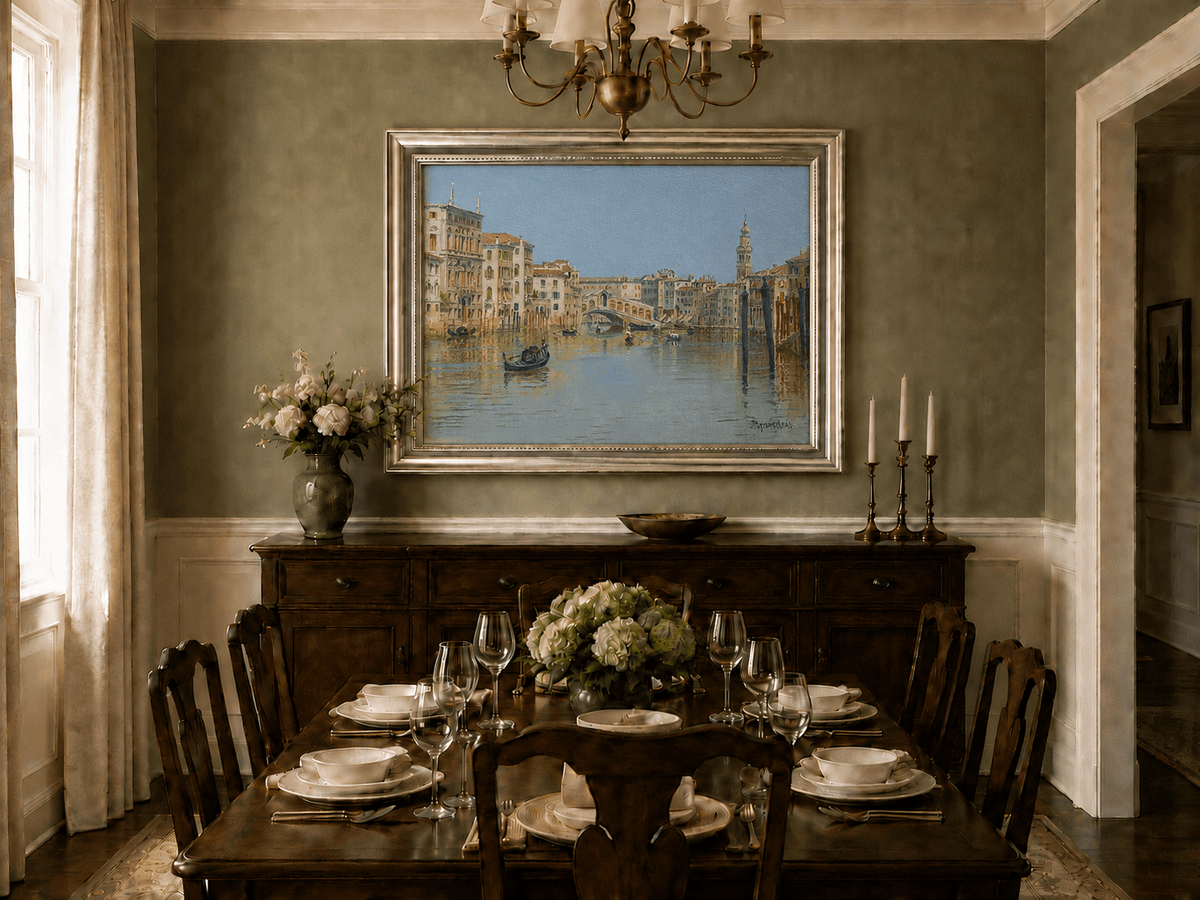 Landscape Oil Painting - Venice Canal, Rialto Bridge and Boats