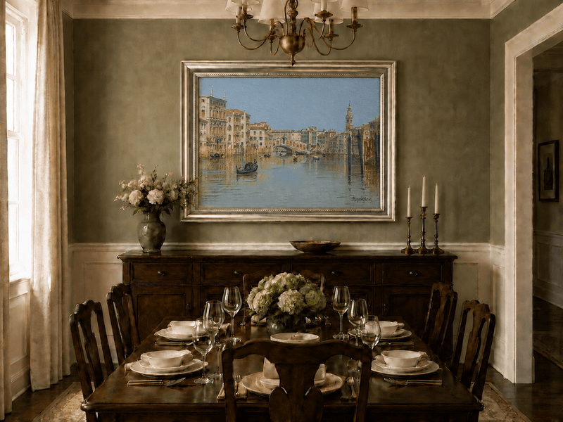 Landscape Oil Painting - Venice Canal, Rialto Bridge and Boats