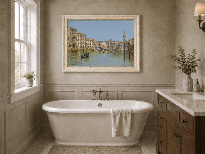 Landscape Oil Painting - Venice Canal, Rialto Bridge and Boats