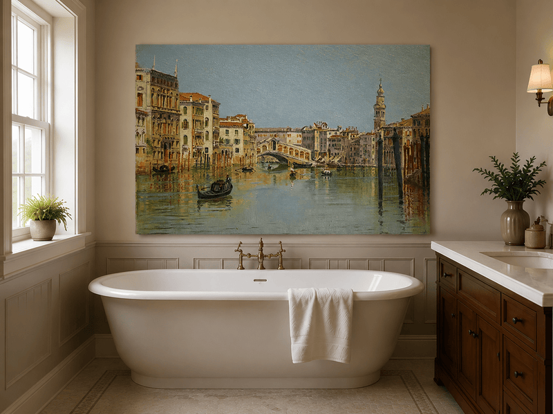 Landscape Oil Painting - Venice Canal, Rialto Bridge and Boats