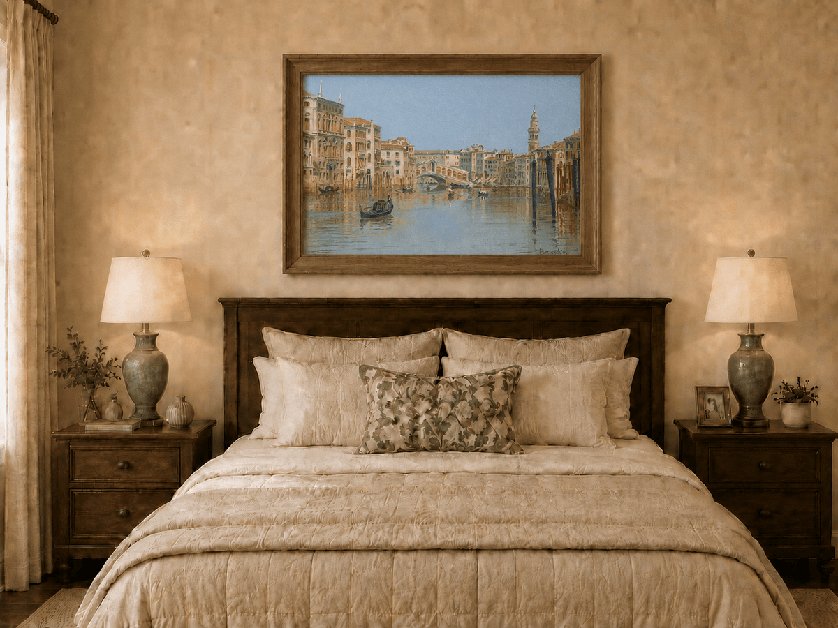 Landscape Oil Painting - Venice Canal, Rialto Bridge and Boats