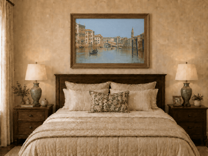 Landscape Oil Painting - Venice Canal, Rialto Bridge and Boats