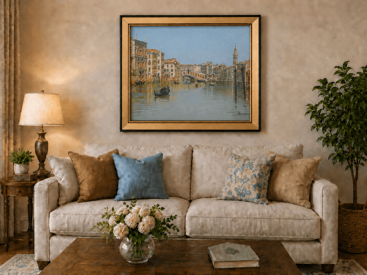 Landscape Oil Painting - Venice Canal, Rialto Bridge and Boats