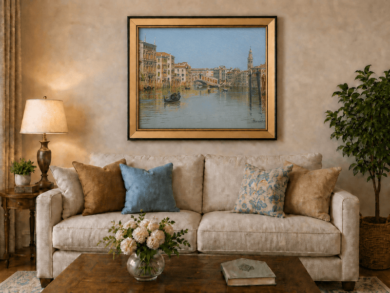 Landscape Oil Painting - Venice Canal, Rialto Bridge and Boats
