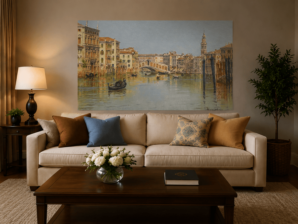 Landscape Oil Painting - Venice Canal, Rialto Bridge and Boats