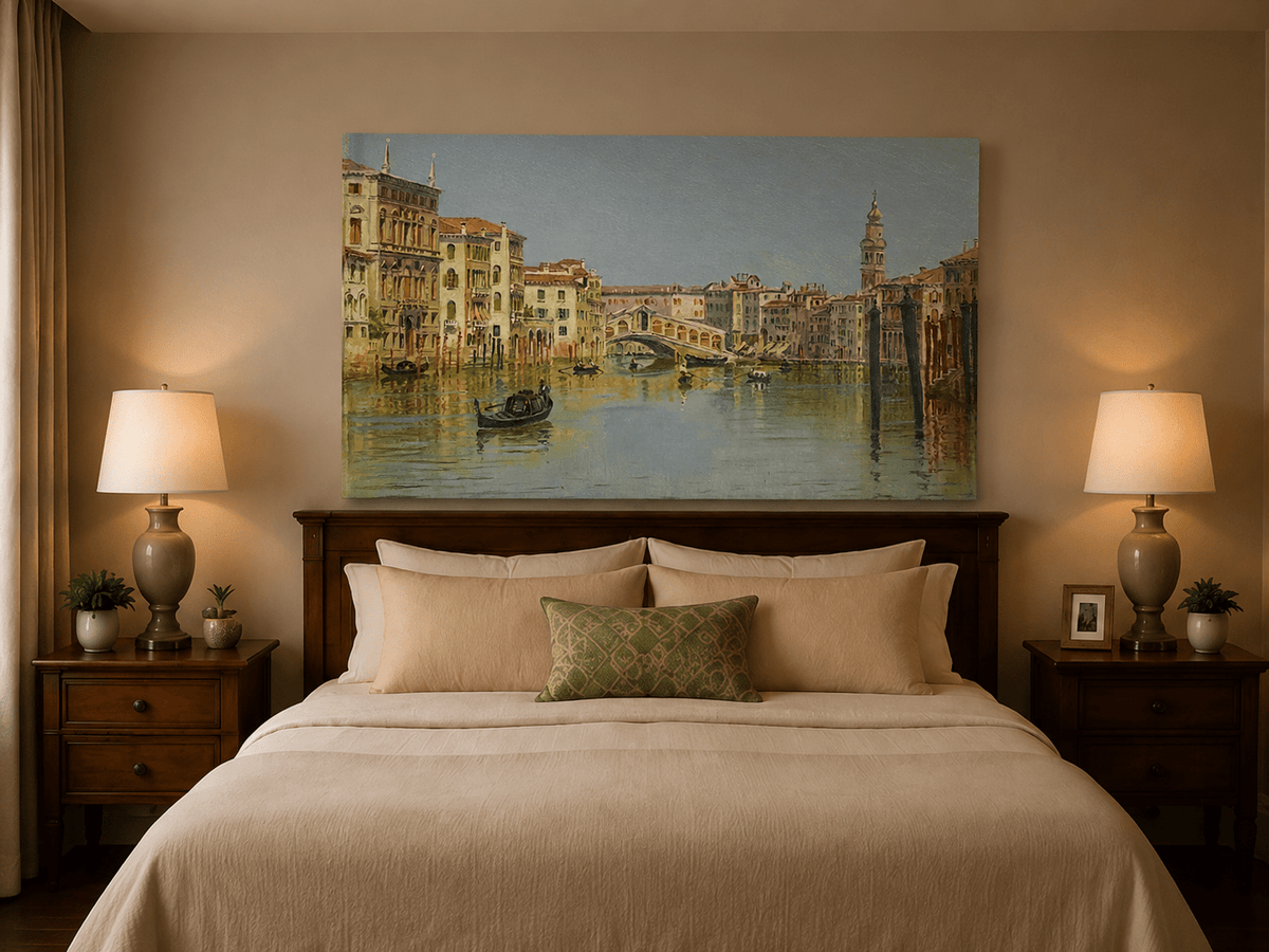 Landscape Oil Painting - Venice Canal, Rialto Bridge and Boats
