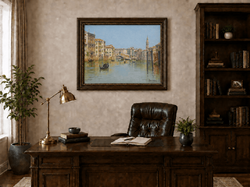 Landscape Oil Painting - Venice Canal, Rialto Bridge and Boats