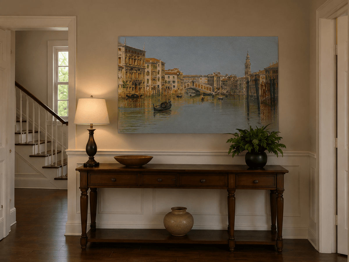 Landscape Oil Painting - Venice Canal, Rialto Bridge and Boats