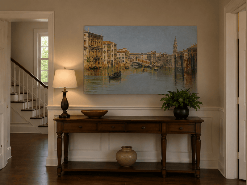 Landscape Oil Painting - Venice Canal, Rialto Bridge and Boats