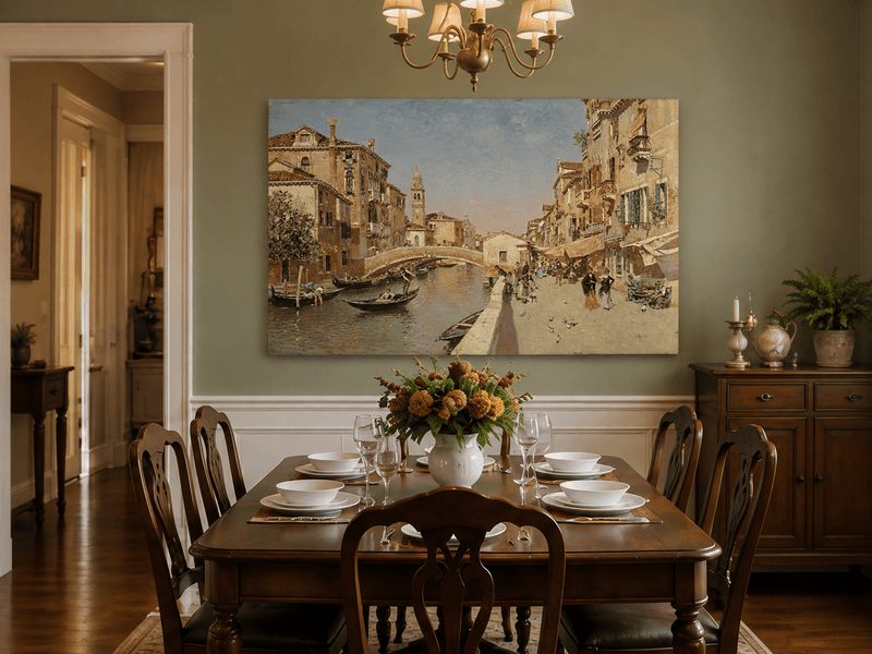 Landscape Oil Painting - Venice Canal Street with Bridge Scene