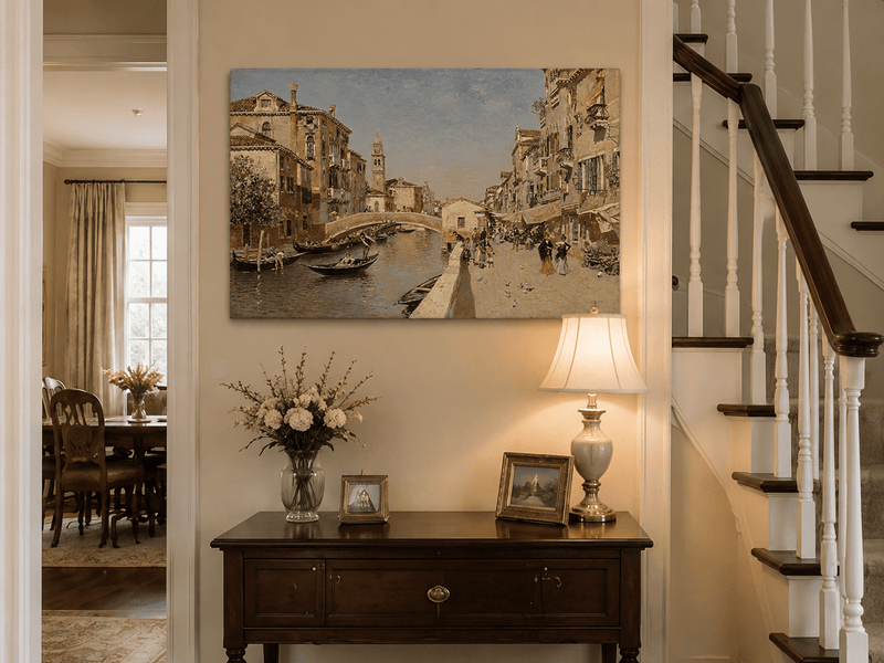Landscape Oil Painting - Venice Canal Street with Bridge Scene