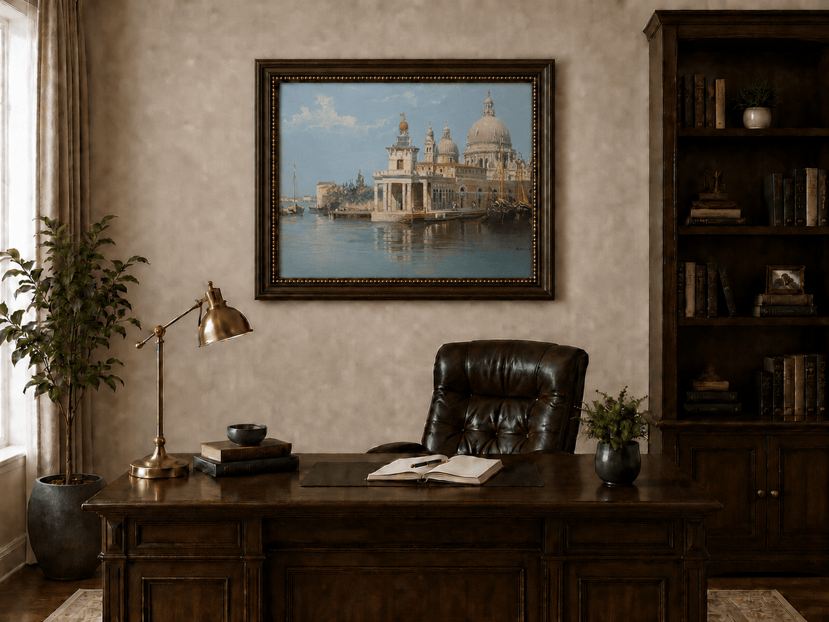 Landscape Oil Painting - Venice Canal with Basilica and Boats