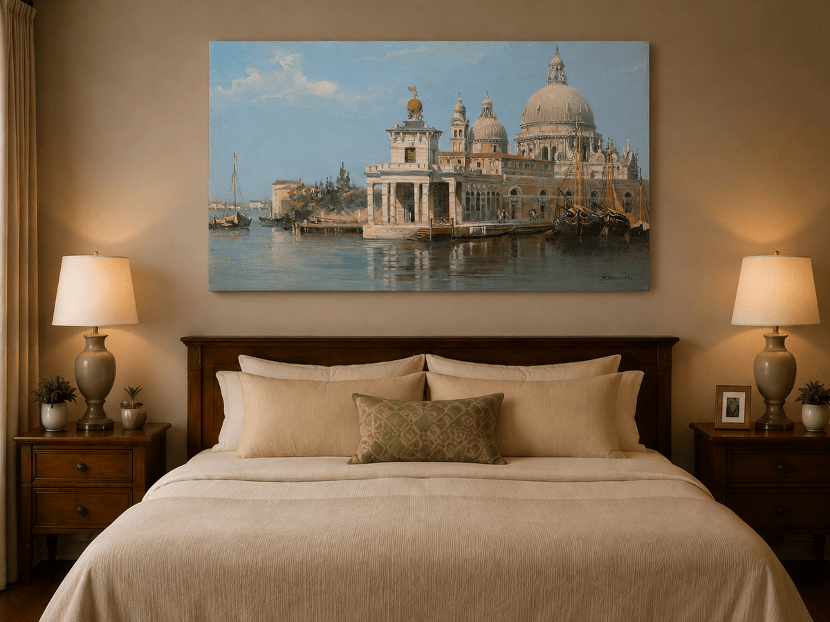 Landscape Oil Painting - Venice Canal with Basilica and Boats
