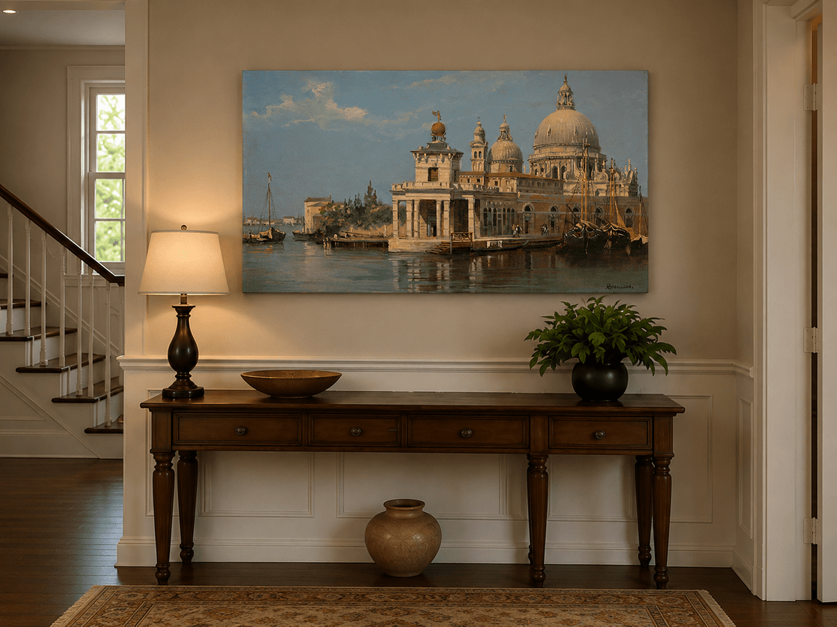 Landscape Oil Painting - Venice Canal with Basilica and Boats