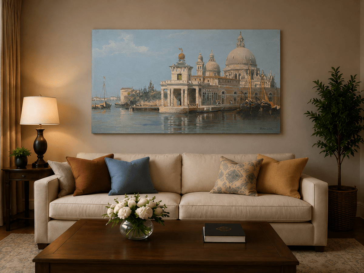 Landscape Oil Painting - Venice Canal with Basilica and Boats