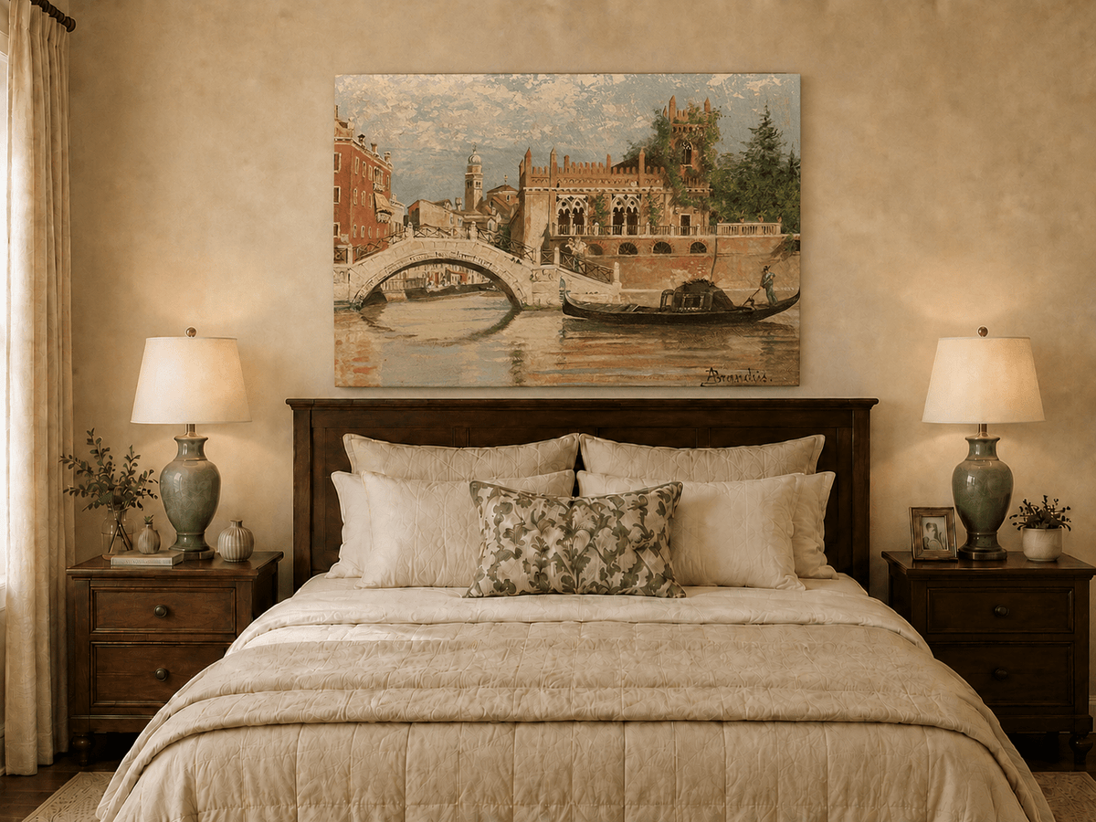 Landscape Oil Painting - Venice Canal with Bridge & Gondola