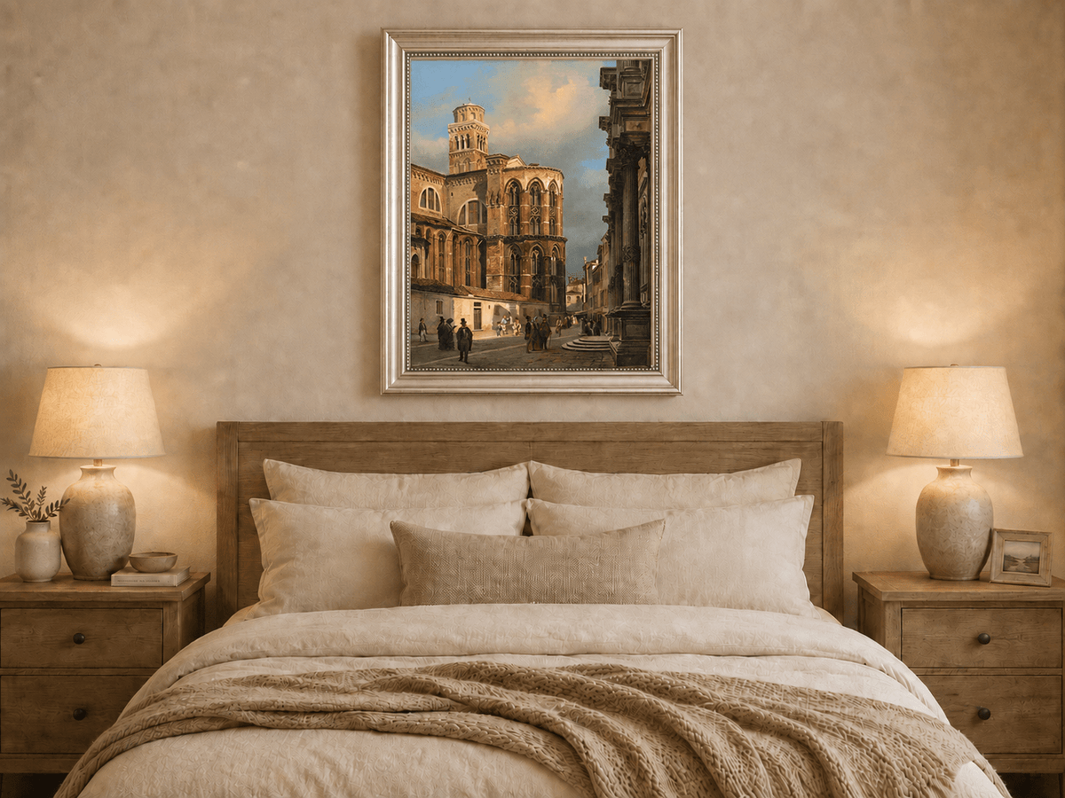 Landschaftsgemälde in Öl – Frühlingsfluss mit Fischer und Bäumen