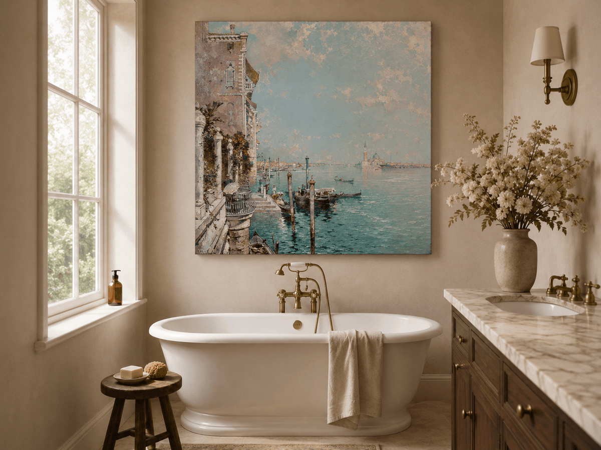 Peinture à l'huile de paysage - Rivière printanière avec pêcheur et arbres