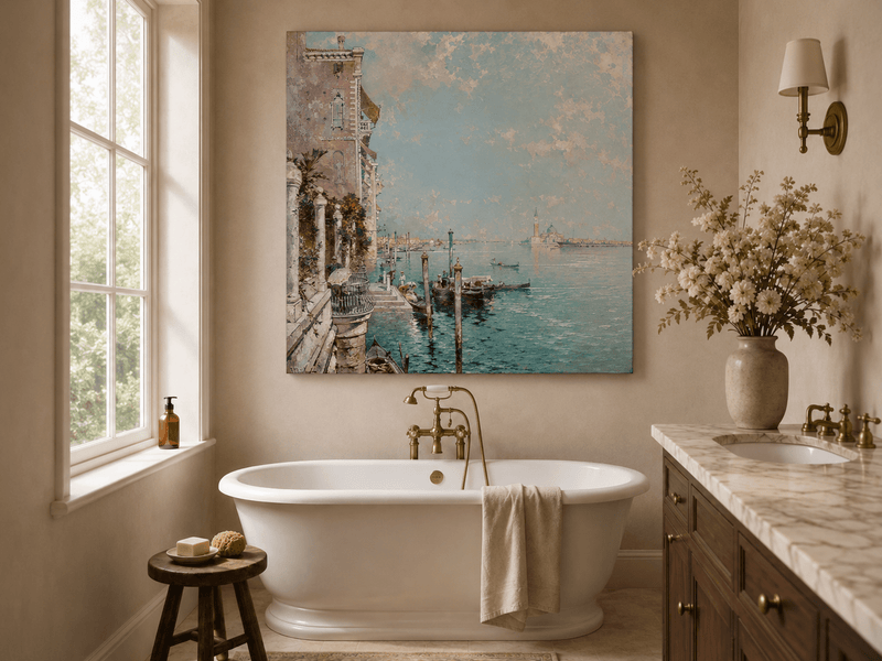 Peinture à l'huile de paysage - Rivière printanière avec pêcheur et arbres