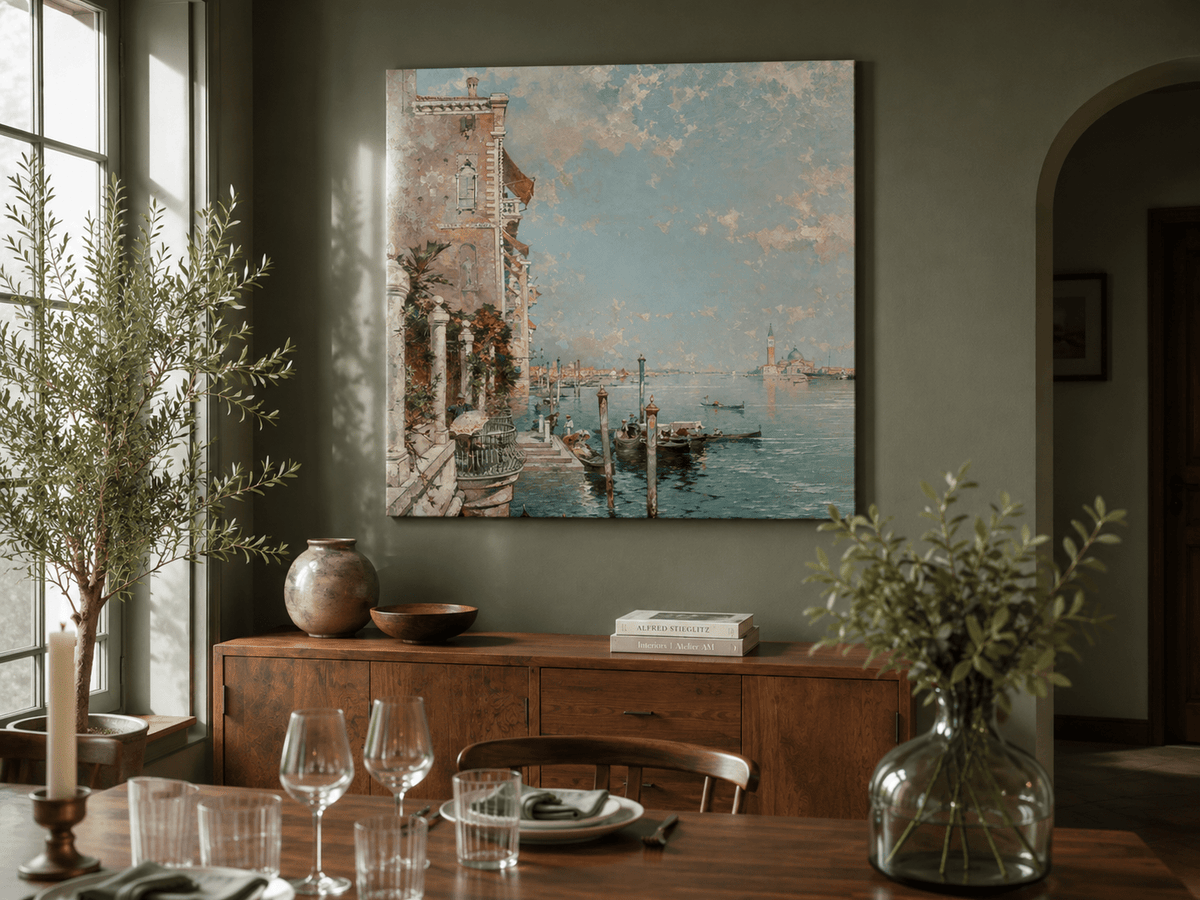 Peinture à l'huile de paysage - Rivière printanière avec pêcheur et arbres
